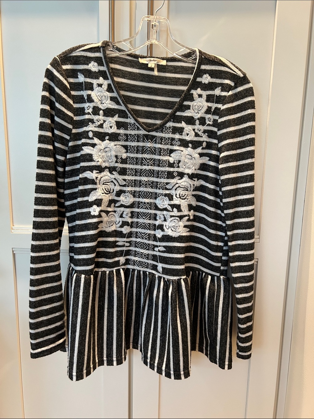 Andree Black & White Striped V-Neck Embroidered Peplum Top
